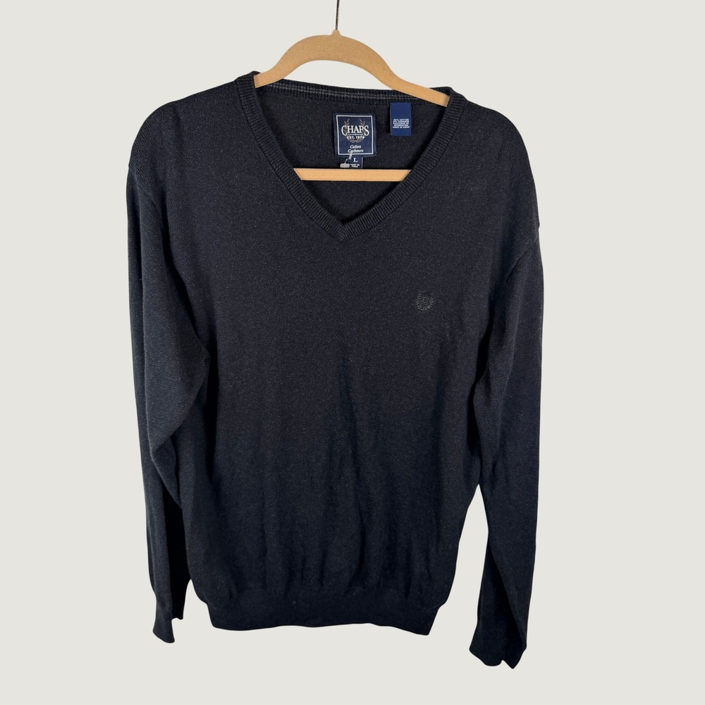 Chaps V-Neck Sweater Mens Large Black Cotton Cashmere Blend Pullover 3120